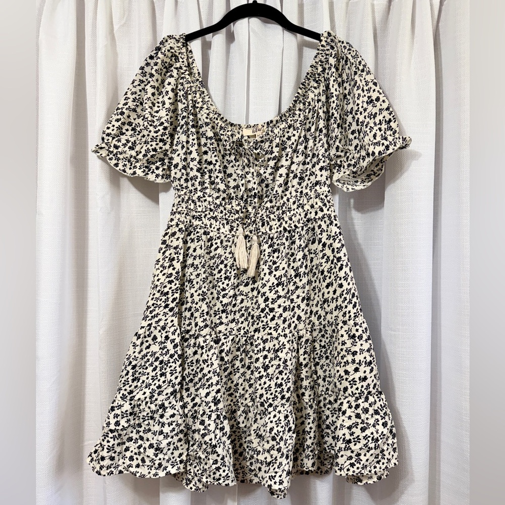 Hint of blush white/black floral peasant dress